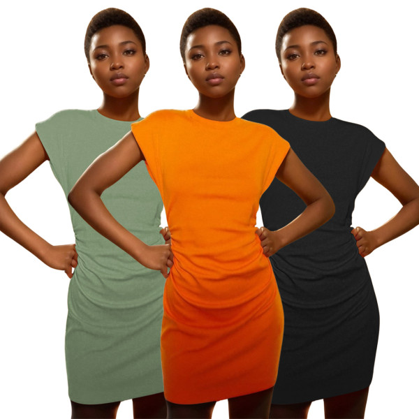 Round necked pleated cotton fabric high-quality sexy dress