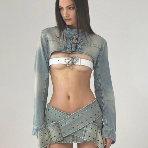 Waist length short washed denim set