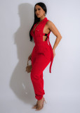 Solid color side button long zipper with 4 pockets jumpsuit
