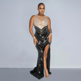 Women's solid color round neck sleeveless hot diamond long dress dress
