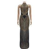 Women's solid color mesh hot diamond hanging neck long dress
