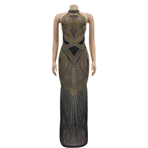 Women's solid color mesh hot diamond hanging neck long dress
