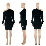 Diagonal shoulder pleated top, threaded half skirt, sexy two-piece set