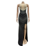 Women's solid color round neck sleeveless hot diamond long dress dress
