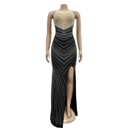 Women's solid color round neck sleeveless hot diamond long dress dress