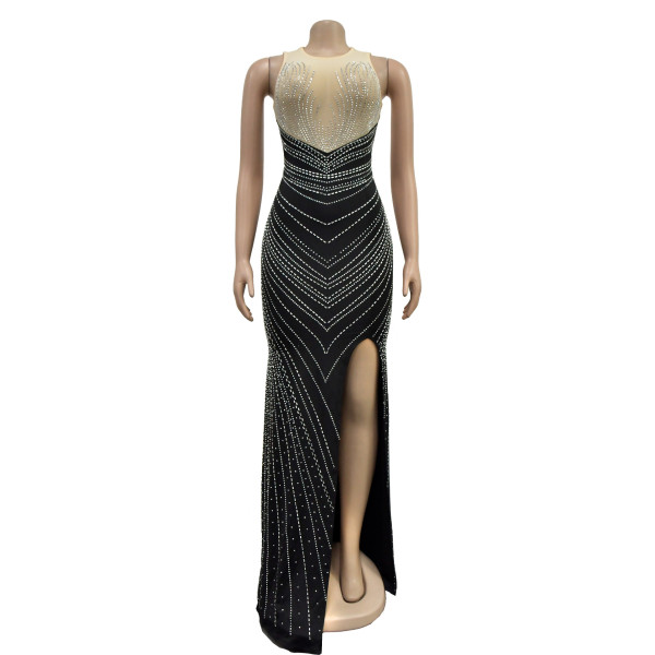 Women's solid color round neck sleeveless hot diamond long dress dress