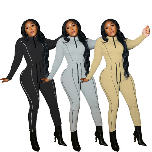 Contrast line round neck zipper sports and leisure home clothing two-piece pants set