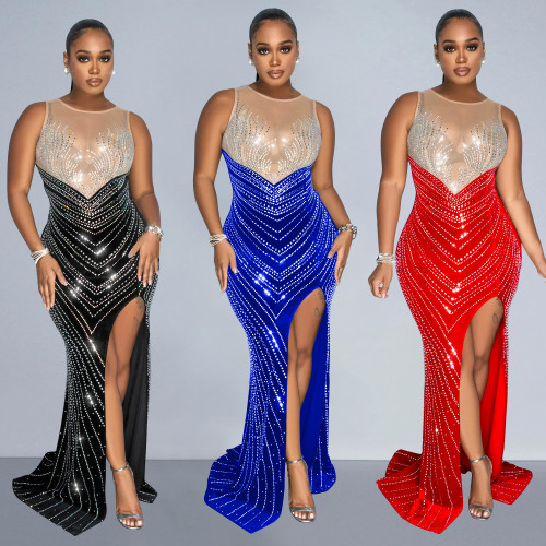 Women's solid color round neck sleeveless hot diamond long dress dress