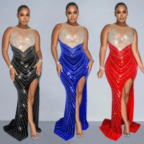 Women's solid color round neck sleeveless hot diamond long dress dress Women's solid color round neck sleeveless hot diamond long dress dress