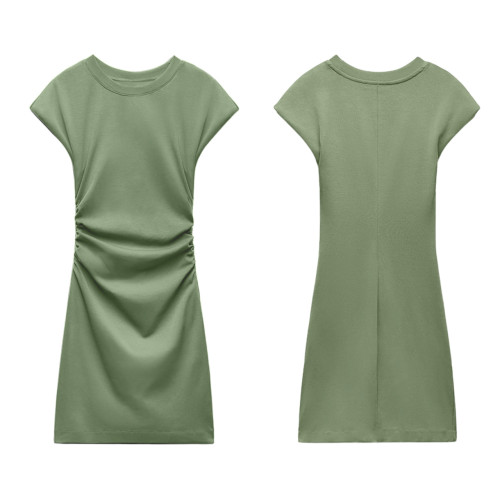 Round necked pleated cotton fabric high-quality sexy dress