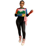 Colorful Colored Round Neck Flare Sleeves Flower Knitted Sweater