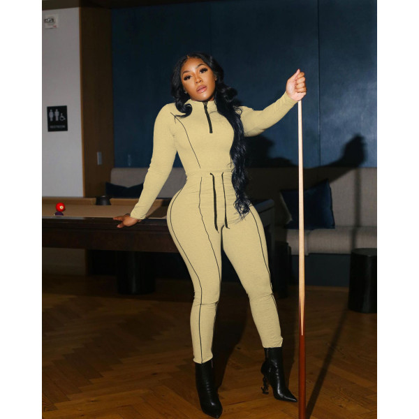 Contrast line round neck zipper sports and leisure home clothing two-piece pants set