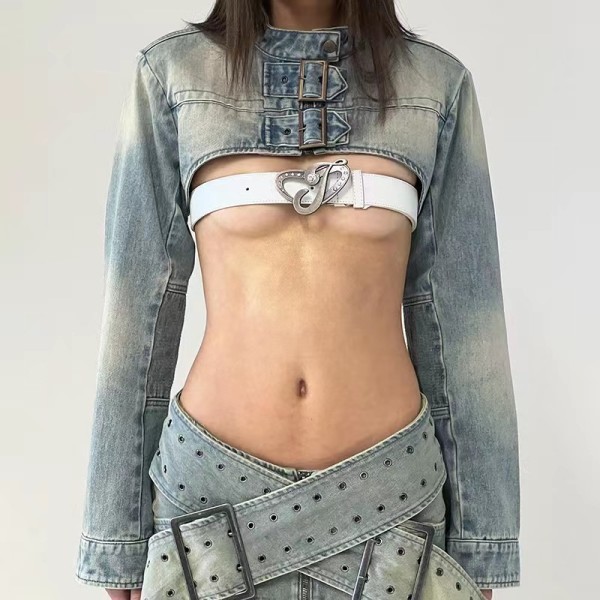Waist length short washed denim set