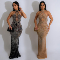Women's solid color mesh hot diamond hanging neck long dress Women's solid color mesh hot diamond hanging neck long dress