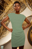 Round necked pleated cotton fabric high-quality sexy dress