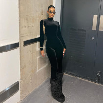 Sexy high necked tight fitting long sleeved velvet high waisted solid color jumpsuit