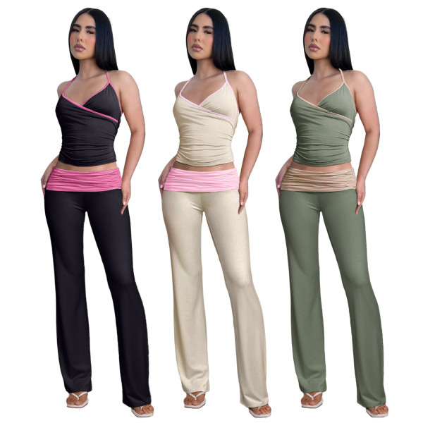 Slim fit strap pleated reverse waist low waist micro flared pants set