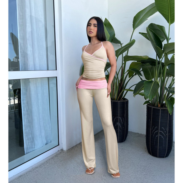 Slim fit strap pleated reverse waist low waist micro flared pants set