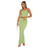 Elastic Bubble Wrinkle Wrapped Chest Split Skirt Set Two Pieces