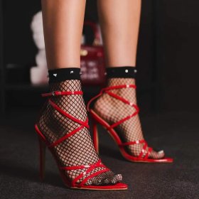 Cross bar buckle pointed thin heel high heels sandals