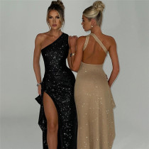 Women's sexy backless fashion split leg long slim fitting dress Women's sexy backless fashion split leg long slim fitting dress