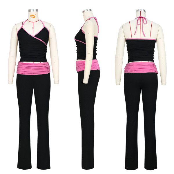 Slim fit strap pleated reverse waist low waist micro flared pants set