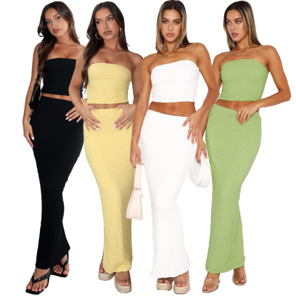 Elastic Bubble Wrinkle Wrapped Chest Split Skirt Set Two Pieces