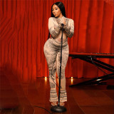 Mesh printed high waisted tight flared jumpsuit