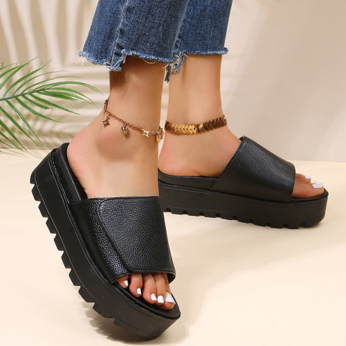 Solid color straight line thick sole sponge cake sole lightweight women's slippers