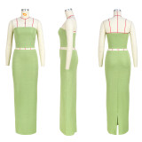Elastic Bubble Wrinkle Wrapped Chest Split Skirt Set Two Pieces