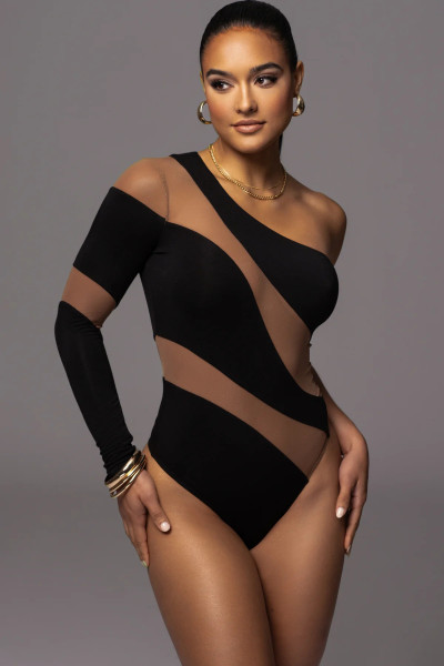 Diagonal shoulder sleeves, tight mesh splicing, fashionable striped hollow out one shoulder jumpsuit