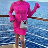 Solid round neck long sleeved buttocks wrapped water wave sexy slim fit dress