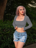 Short top ribbed exercise long sleeved with fingertips casual sports tight exposed navel top