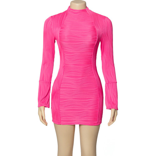 Solid round neck long sleeved buttocks wrapped water wave sexy slim fit dress