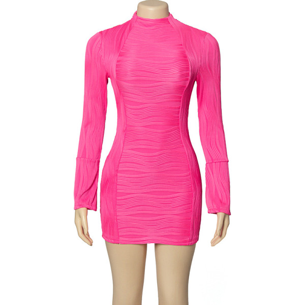 Solid round neck long sleeved buttocks wrapped water wave sexy slim fit dress