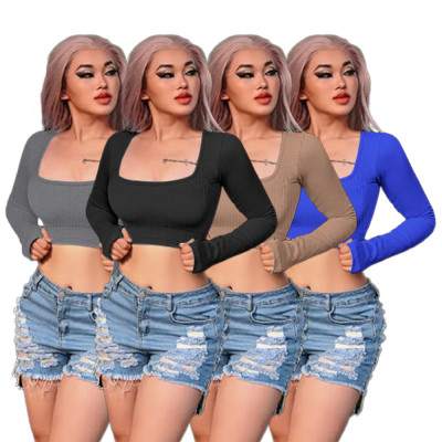 Short top ribbed exercise long sleeved with fingertips casual sports tight exposed navel top