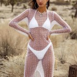 Sexy Dingzhu Hot Diamond Cover Up Mesh Long sleeved Dress