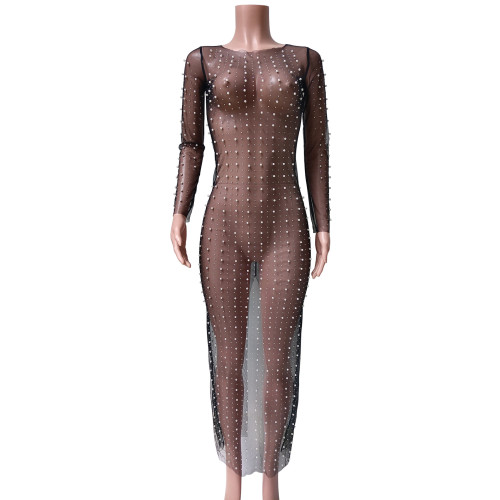 Sexy Dingzhu Hot Diamond Cover Up Mesh Long sleeved Dress