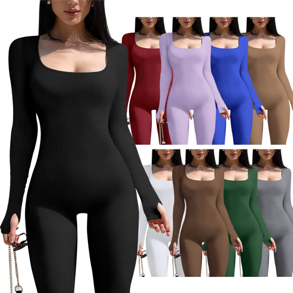 Solid color long sleeved finger threaded square neck open back slim fit sports jumpsuit