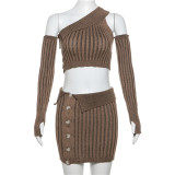 Sexy Knitted Top High Waist Wrapped Hip Short Skirt Set