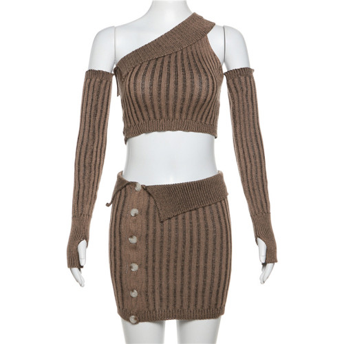 Sexy Knitted Top High Waist Wrapped Hip Short Skirt Set