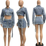 Washed denim lace up 3D 3D pocket skirt set