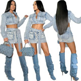 Washed denim lace up 3D 3D pocket skirt set