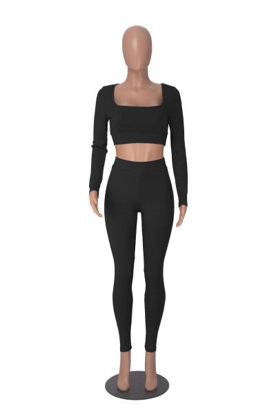 Solid color long sleeved square neck two-piece slim fit fashion set