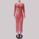 Sexy Dingzhu Hot Diamond Cover Up Mesh Long sleeved Dress