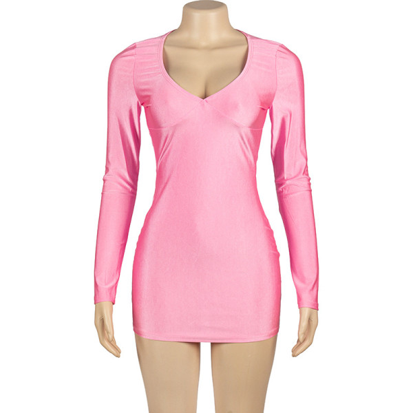 Long sleeved, low cut, slim fit, short cut, buttocks wrapped, high waisted dress