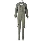 Solid color long sleeved hooded sexy camisole slim fit jumpsuit
