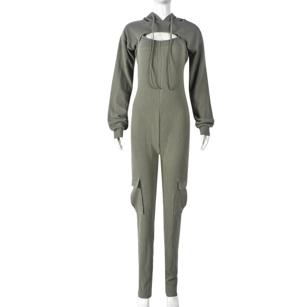 Solid color long sleeved hooded sexy camisole slim fit jumpsuit