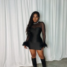 Long sleeved sexy mesh patchwork feather wrapped buttocks short slim fit dress