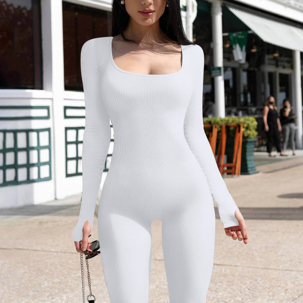 Solid color long sleeved finger threaded square neck open back slim fit sports jumpsuit